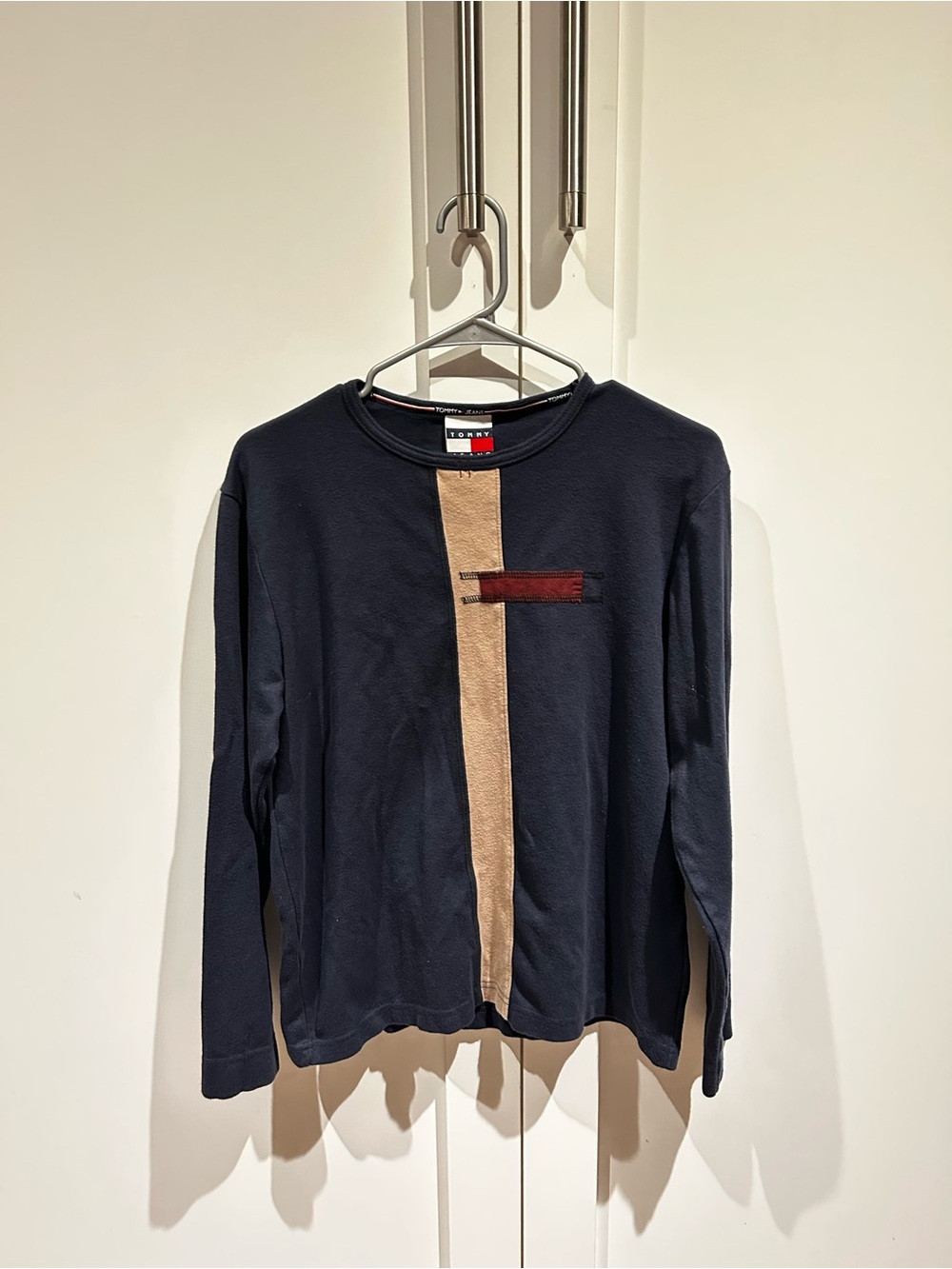Tommy Hilfiger Navy Long-Sleeve Tee with Tan Center Stripe and Red Accent